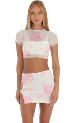 LUCY IN THE SKY Two-Piece Sets^Floral Print Mesh Two Piece Set In White