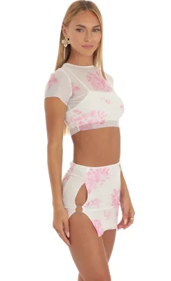 LUCY IN THE SKY Two-Piece Sets^Floral Print Mesh Two Piece Set In White