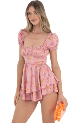 LUCY IN THE SKY Mini Dresses^Floral Puff Sleeve Romper In Pink