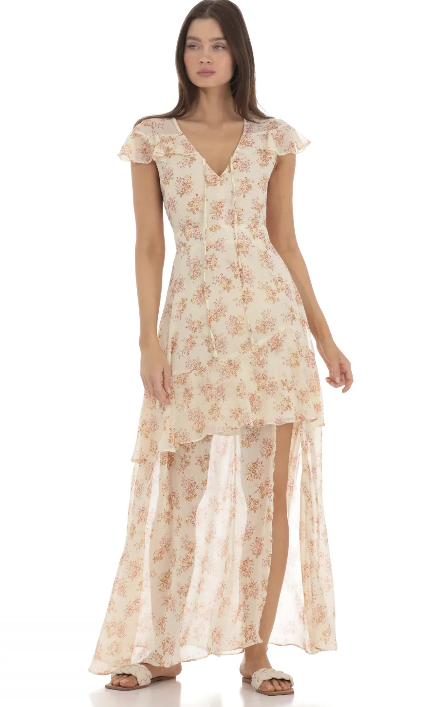 LUCY IN THE SKY Maxi Dresses^Floral Shimmer Ruffle Dress In Yellow