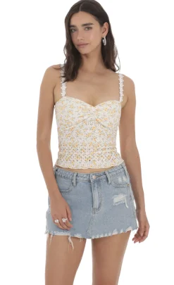 LUCY IN THE SKY Tops^Floral Strap Eyelet Top In White And Yellow