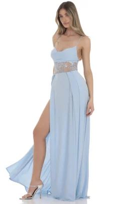 LUCY IN THE SKY Maxi Dresses^Floral Waist Slit Maxi Dress In Light Blue