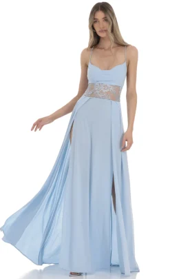 LUCY IN THE SKY Maxi Dresses^Floral Waist Slit Maxi Dress In Light Blue
