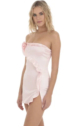 LUCY IN THE SKY Mini Dresses^Flower Satin Ruffle Slit Dress In Pink