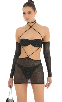 LUCY IN THE SKY Mini Dresses^Foil Mesh Cutout Set And Sleeves In Black