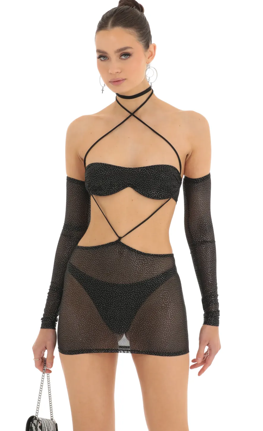 LUCY IN THE SKY Mini Dresses^Foil Mesh Cutout Set And Sleeves In Black
