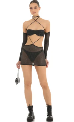LUCY IN THE SKY Mini Dresses^Foil Mesh Cutout Set And Sleeves In Black