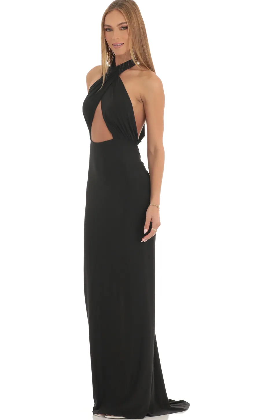 LUCY IN THE SKY Maxi Dresses^Front Cross Halter Maxi Dress In Black