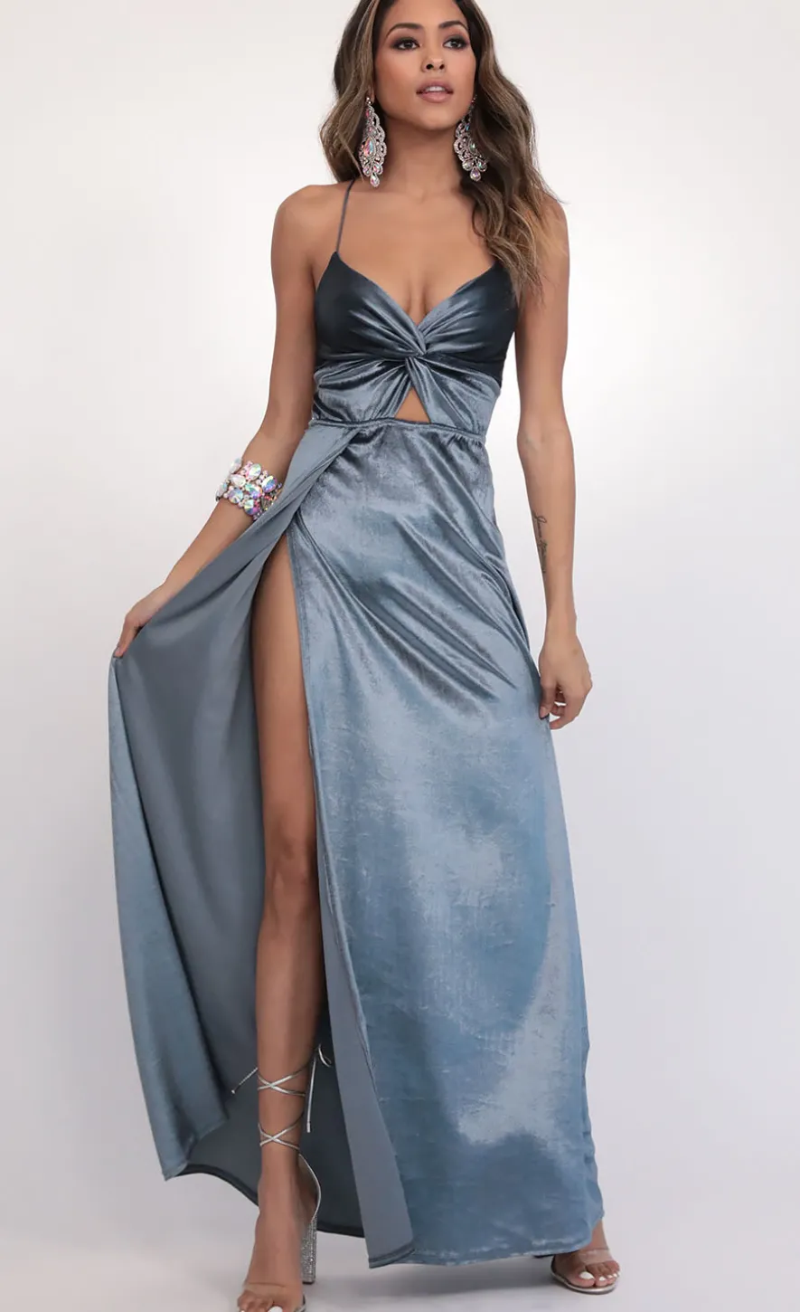LUCY IN THE SKY Maxi Dresses^Front Twist Velvet Maxi In Teal