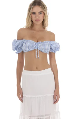 LUCY IN THE SKY Tops^Gingham Off Shoulder Top In Blue