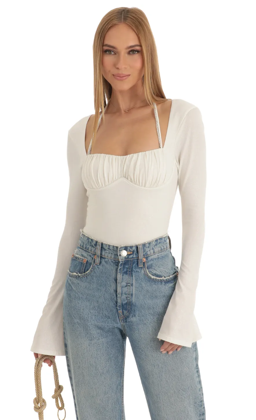 LUCY IN THE SKY Bodysuits^Glitter Flare Long Sleeve Bodysuit In White