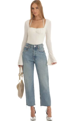 LUCY IN THE SKY Bodysuits^Glitter Flare Long Sleeve Bodysuit In White