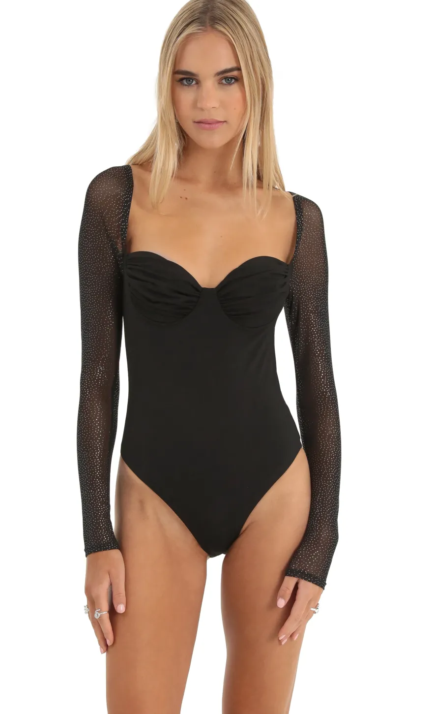 LUCY IN THE SKY Tops|Bodysuits^Glitter Mesh Long Sleeve Bodysuit In Black