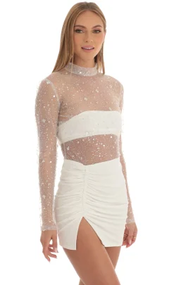 LUCY IN THE SKY Mini Dresses^Glitter Sheer Dress In White