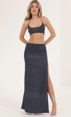 LUCY IN THE SKY Maxi Dresses^Glitter Tummy Cutout Maxi Dress In Navy