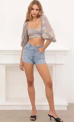 LUCY IN THE SKY Tops^Gold Floral Puff Sleeve Top In Grey