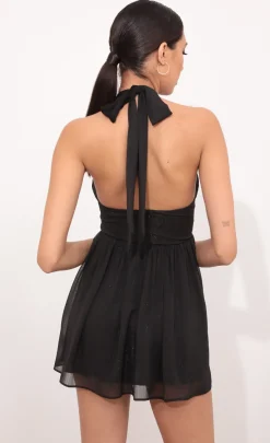 LUCY IN THE SKY Mini Dresses^Halter Dress In Black Crinkle Chiffon