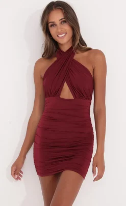 LUCY IN THE SKY Mini Dresses^Halter Dress In Burgundy