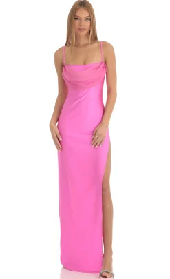 LUCY IN THE SKY Maxi Dresses^High Slit Cowl Neck Maxi Dress In Hot Pink