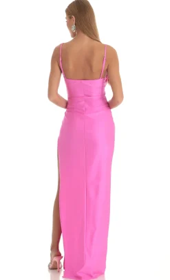 LUCY IN THE SKY Maxi Dresses^High Slit Cowl Neck Maxi Dress In Hot Pink