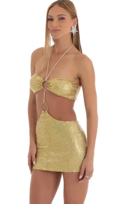 LUCY IN THE SKY Mini Dresses^Iridescent Sequin Halter Dress In Gold