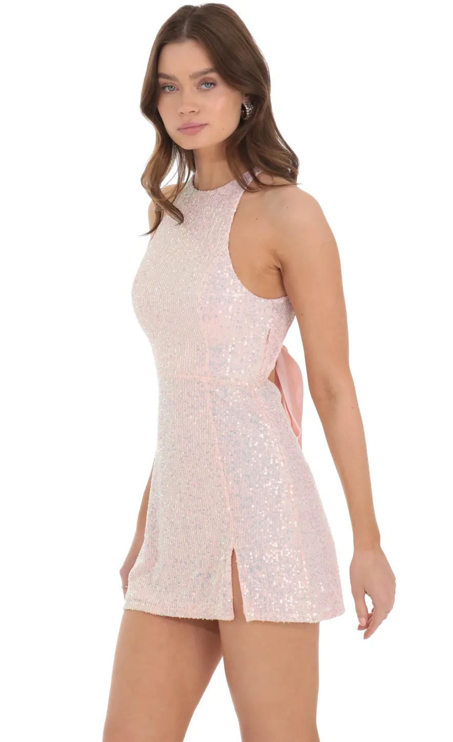 LUCY IN THE SKY Mini Dresses^Iridescent Sequin High Neck Open Back Tie Dress In Pink