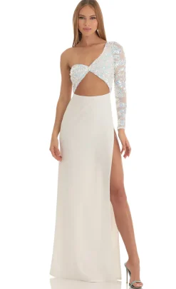LUCY IN THE SKY Maxi Dresses^Iridescent Sequin One Shoulder Maxi Dress In White