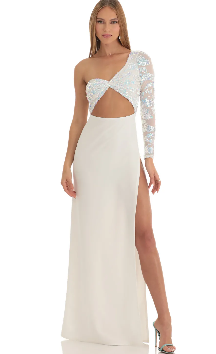 LUCY IN THE SKY Maxi Dresses^Iridescent Sequin One Shoulder Maxi Dress In White