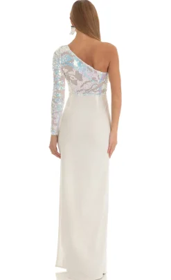 LUCY IN THE SKY Maxi Dresses^Iridescent Sequin One Shoulder Maxi Dress In White