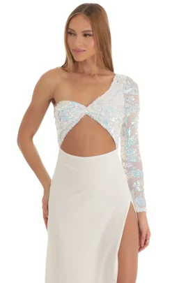 LUCY IN THE SKY Maxi Dresses^Iridescent Sequin One Shoulder Maxi Dress In White