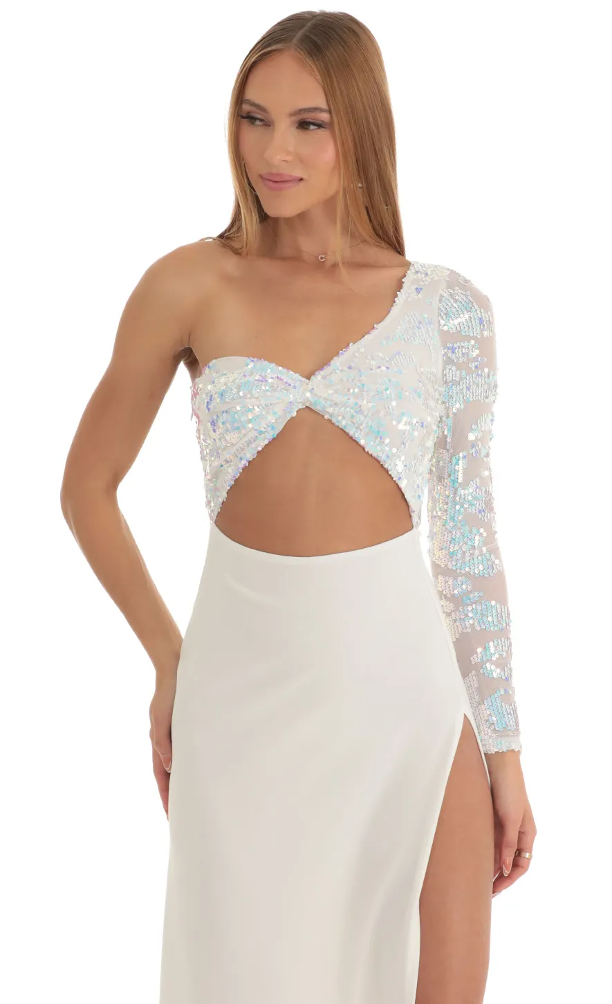LUCY IN THE SKY Maxi Dresses^Iridescent Sequin One Shoulder Maxi Dress In White