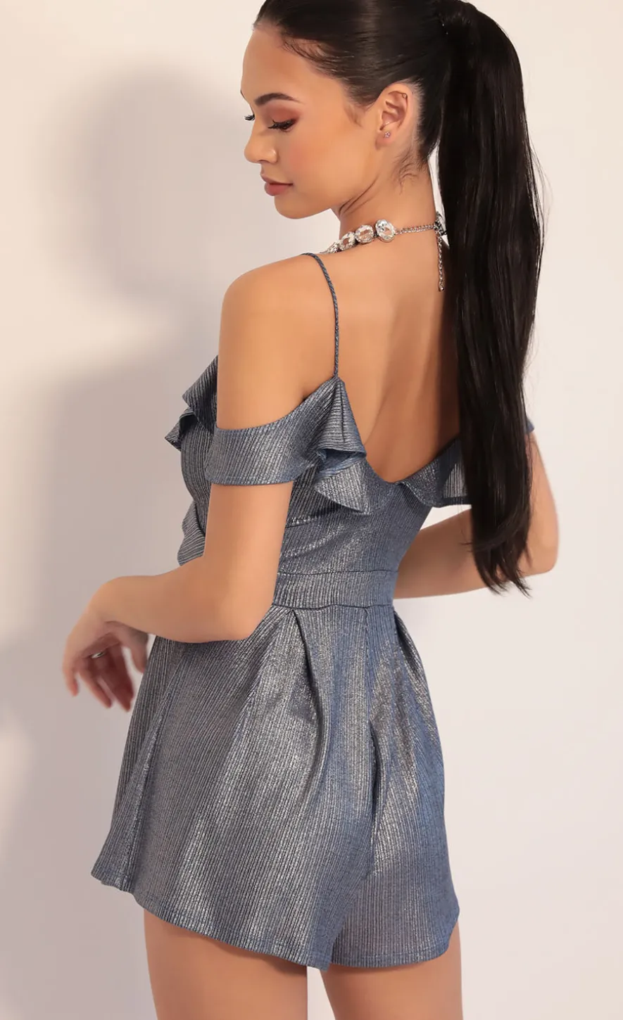 LUCY IN THE SKY Rompers^Isabella Metallic Ruffle Romper In Denim Blue