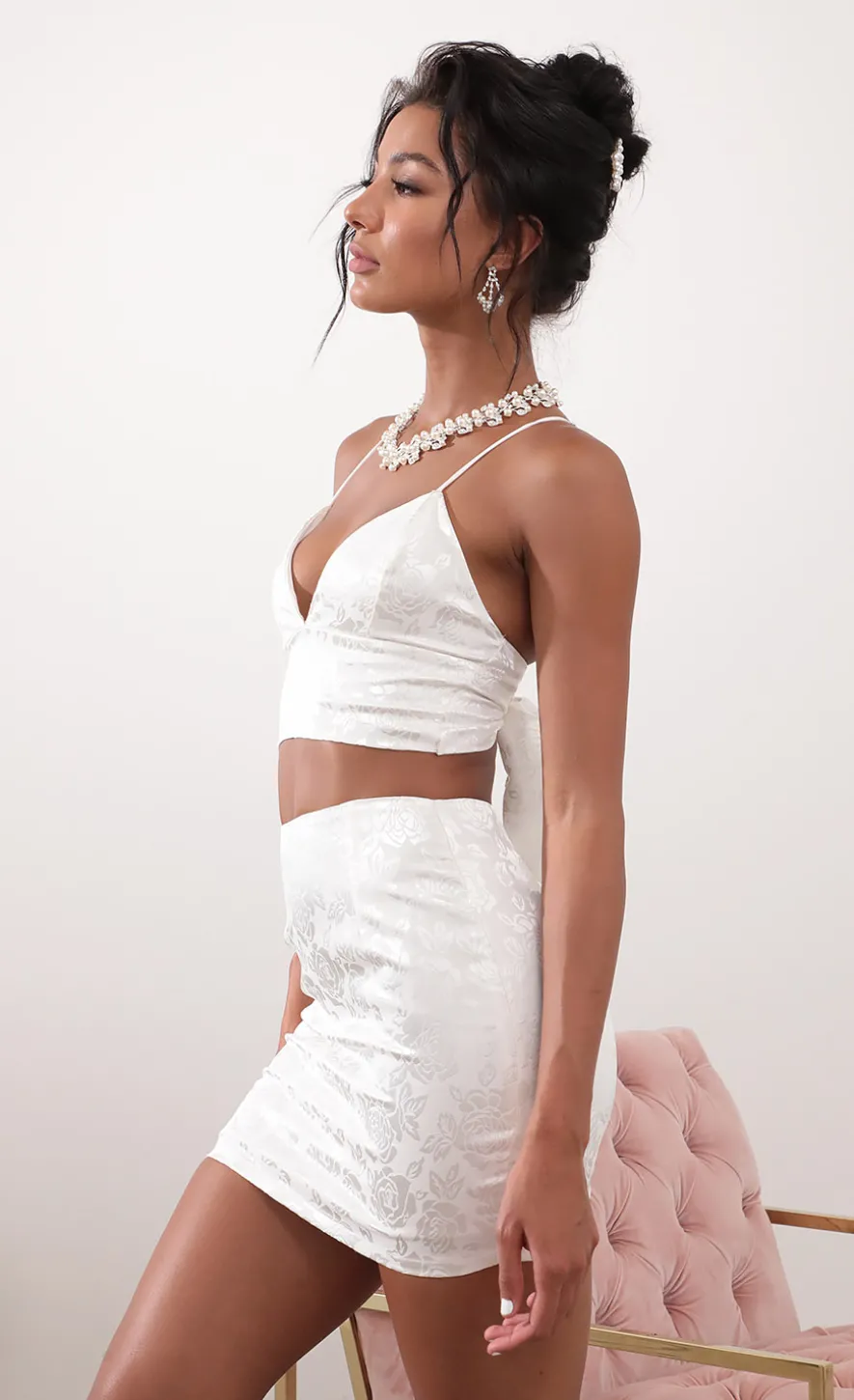 LUCY IN THE SKY Two-Piece Sets^Jacquard Satin Set In White