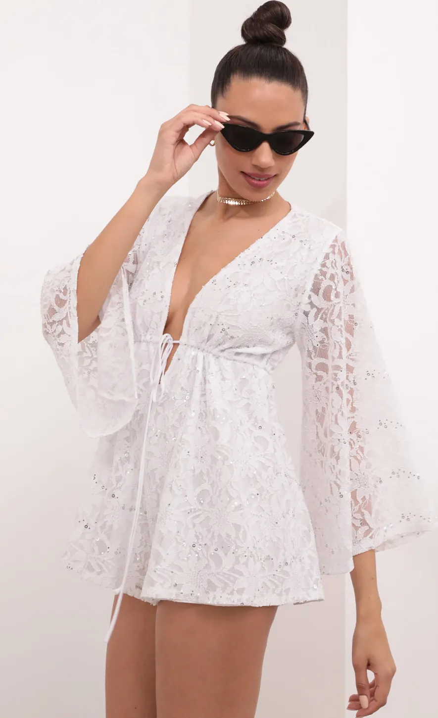 LUCY IN THE SKY Rompers^Kadee Bell Sleeve Romper In White Sequined Lace
