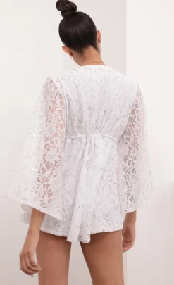 LUCY IN THE SKY Rompers^Kadee Bell Sleeve Romper In White Sequined Lace
