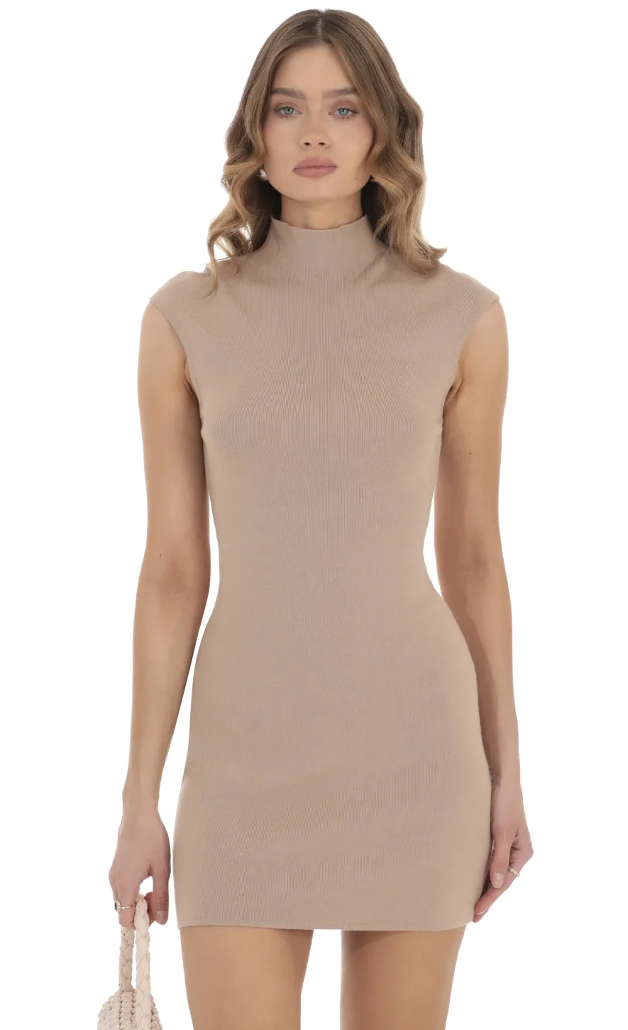 LUCY IN THE SKY Mini Dresses^Knit Mock Neck Dress In Tan