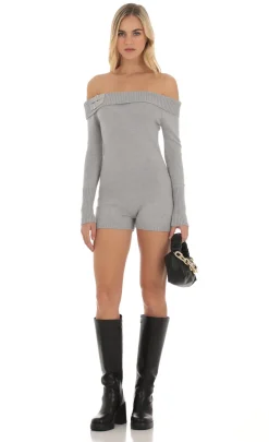 LUCY IN THE SKY Rompers^Knit Off Shoulder Romper In Grey