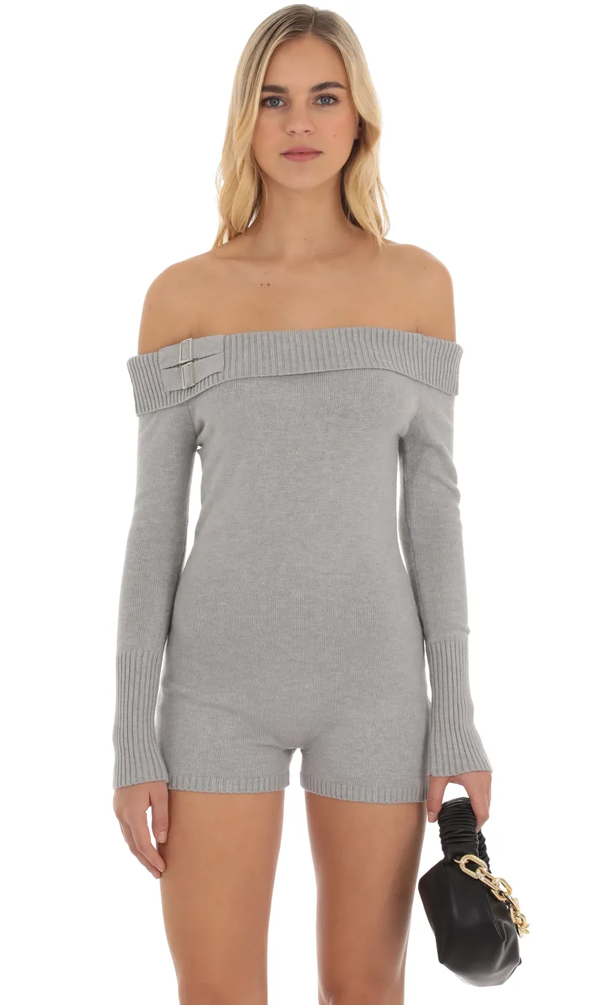 LUCY IN THE SKY Rompers^Knit Off Shoulder Romper In Grey
