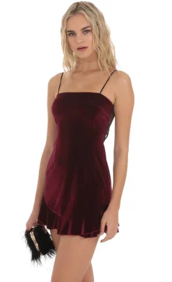 LUCY IN THE SKY Mini Dresses^Lace Hook Velvet Ruffle Dress In Burgundy