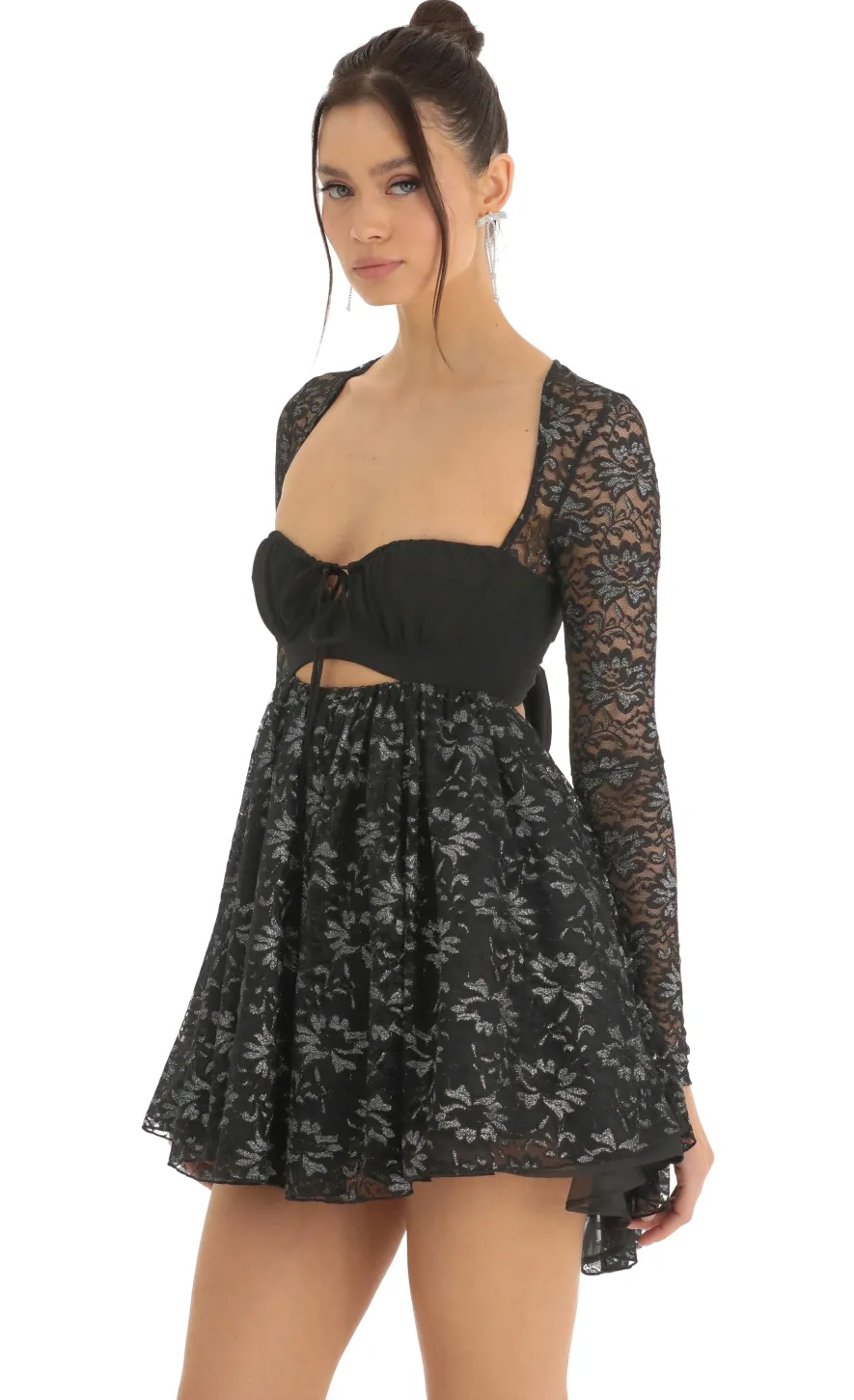LUCY IN THE SKY Mini Dresses^Lace Long Sleeve Baby Doll Dress In Black