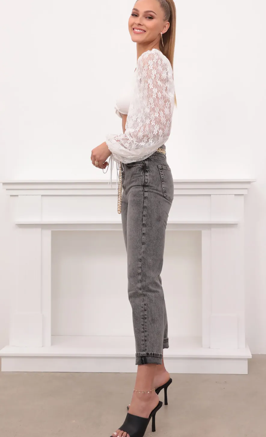 LUCY IN THE SKY Tops^Lace Puff Sleeve Crop Top In White