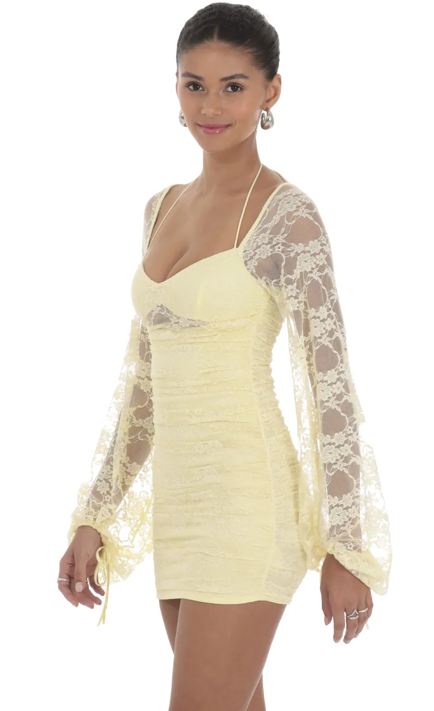 LUCY IN THE SKY Mini Dresses^Lace Ruched Long Sleeve Dress In Yellow