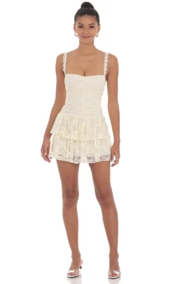 LUCY IN THE SKY Mini Dresses^Lace Ruched Ruffle Dress In Cream