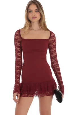 LUCY IN THE SKY Mini Dresses^Lace Ruffle Bodycon Dress In Maroon