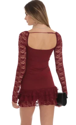 LUCY IN THE SKY Mini Dresses^Lace Ruffle Bodycon Dress In Maroon