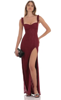 LUCY IN THE SKY Maxi Dresses^Lace Ruffle Sleeve Maxi Dress In Wine