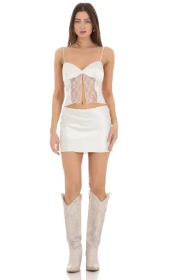 LUCY IN THE SKY Two-Piece Sets^Lace Satin Front Tie Two Piece Set In White