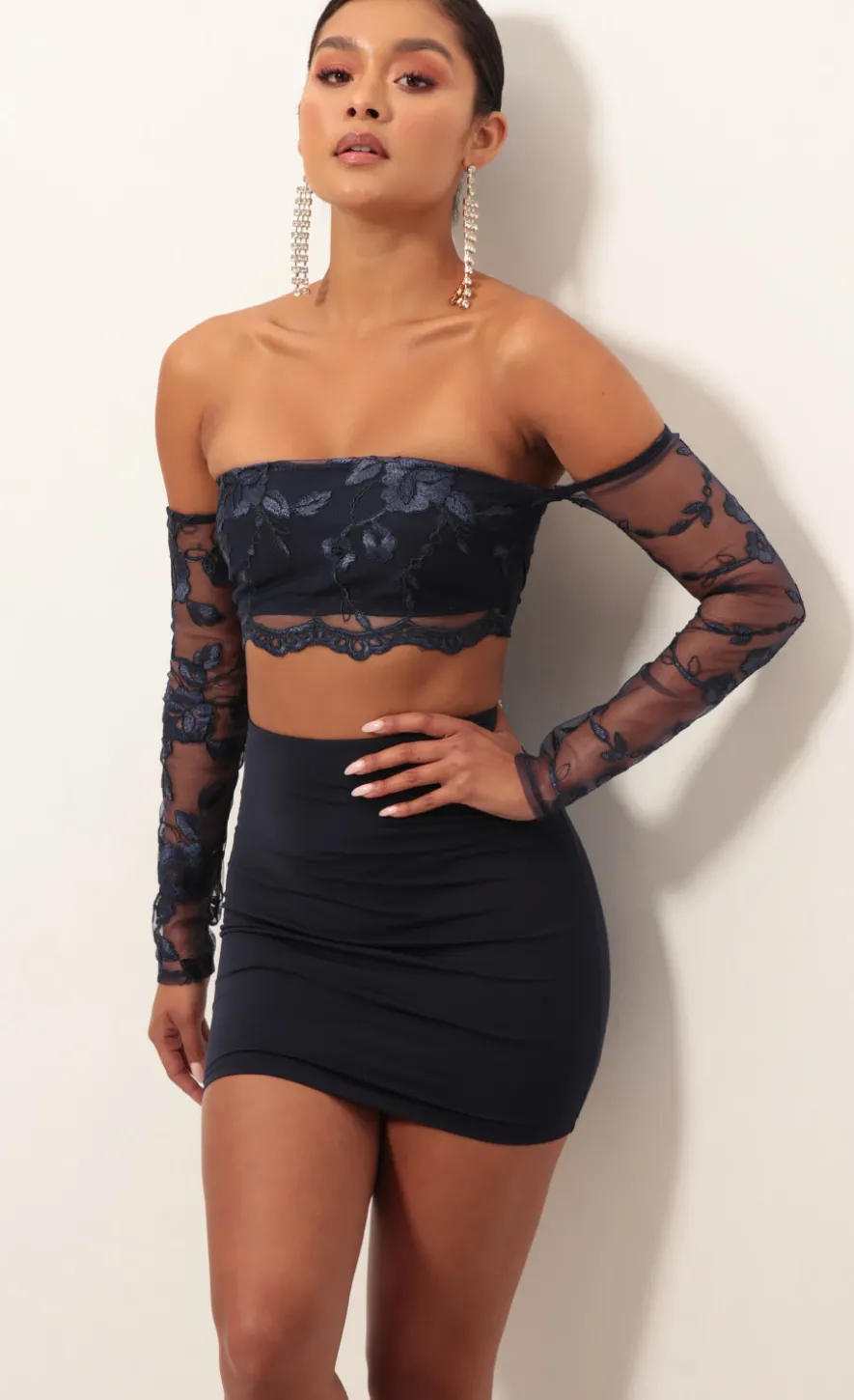LUCY IN THE SKY Two-Piece Sets^Lace Sleeve Set In Navy