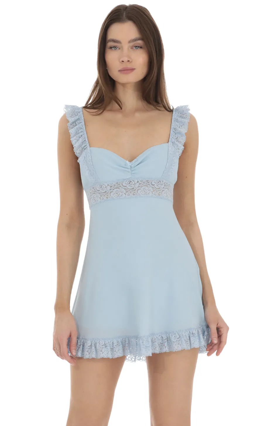 LUCY IN THE SKY Mini Dresses^Lace Strap Ruffle Dress In Blue
