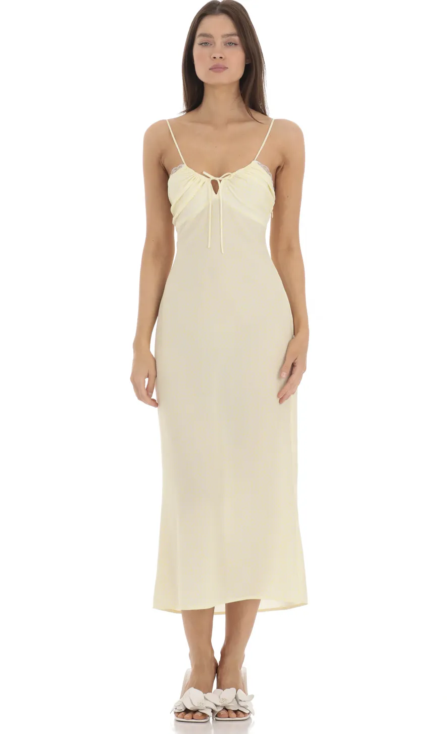 LUCY IN THE SKY Midi Dresses^Lace Trim Front Tie Midi Dress In Yellow